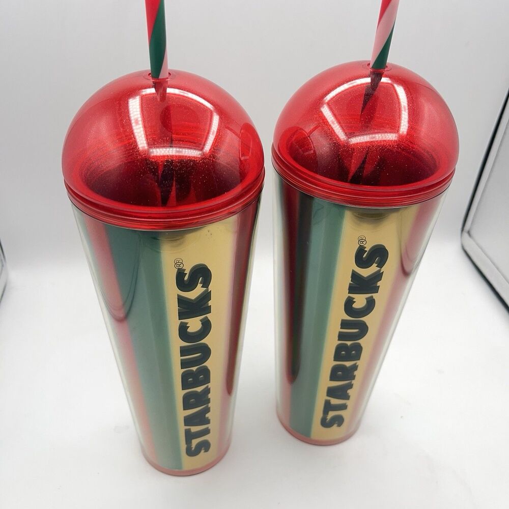 Starbucks 2024 Metallic Red, Green & Gold Stripe Cold Cup - Set Of 2 - Picture 4 of 16